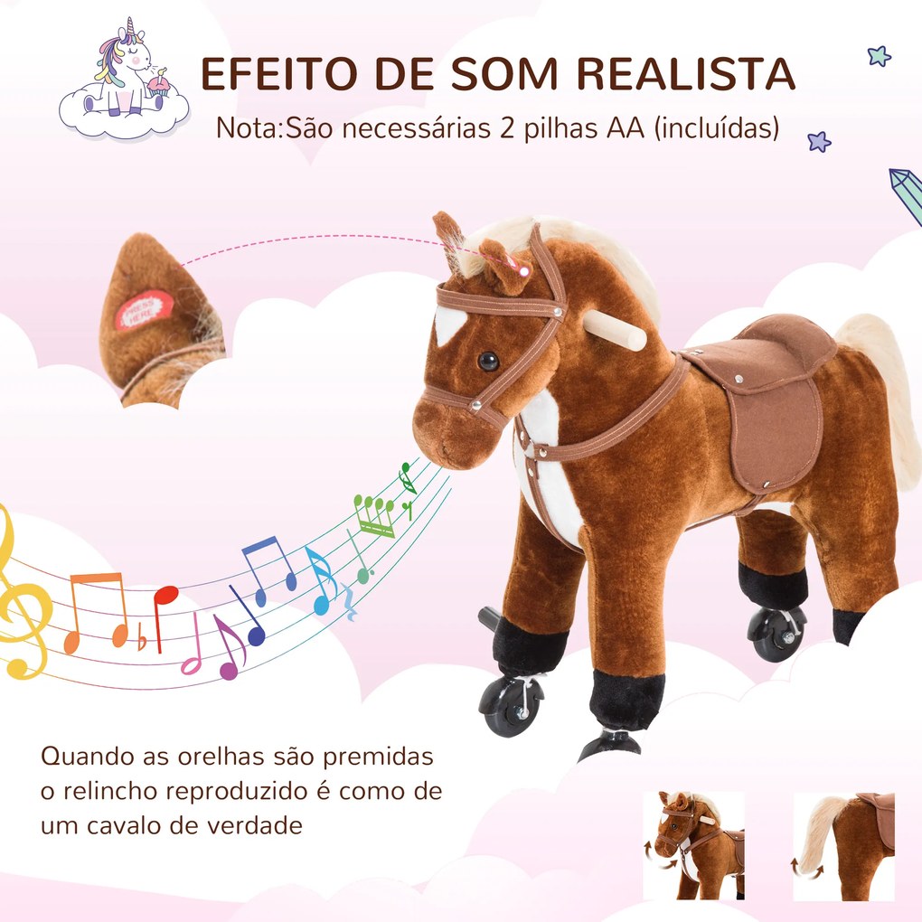 HOMCOM Cavalo para Crianças acima de 36 Meses Cavalo com Rodas Sons de Relincho e Pedais Carga Máxima 60 kg 55x23x60 cm Marrom