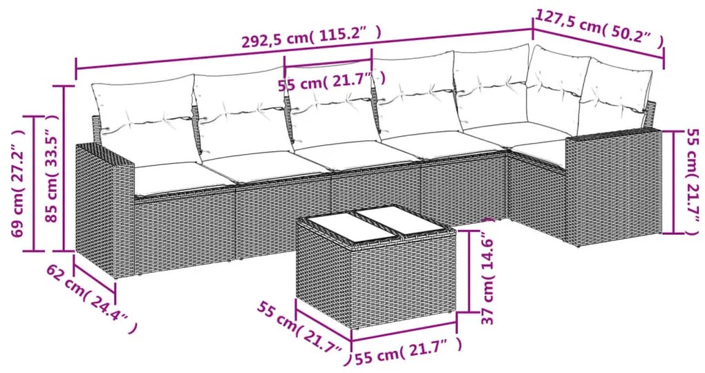 7 pcs conjunto de sofás p/ jardim com almofadões vime PE bege