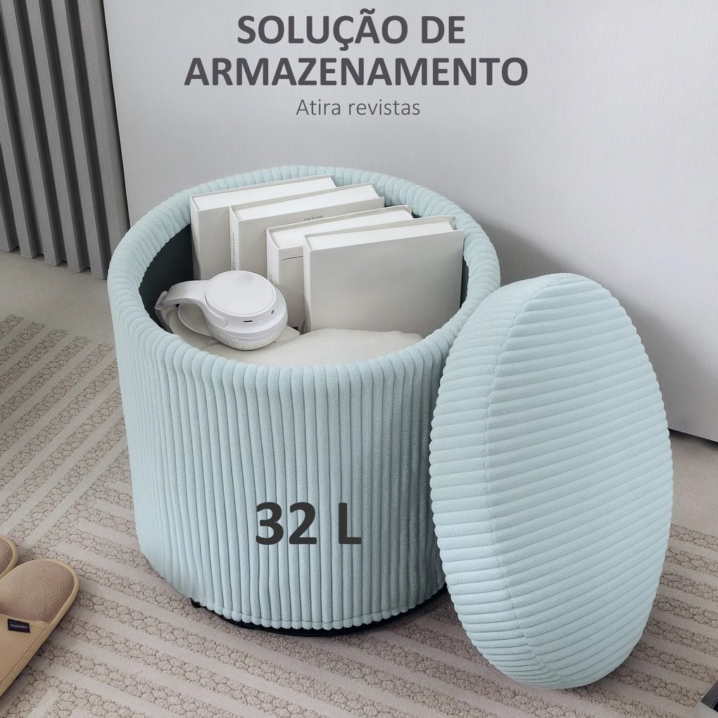 Pufe de Arrumação Baú de Arrumação Redondo Estofado em Veludo Cotelê Tampa Removível Ø40x41 cm Azul Claro