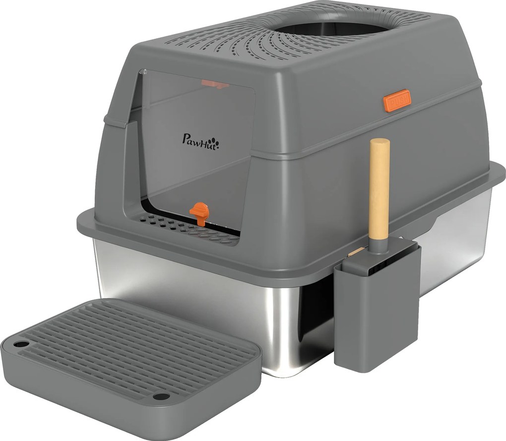 PawHut Caixa de Areia Fechada Casa de Banheiro para Gato Aço Inox Tampa Pedal Anti-Dispersão 60x40x38cm Cinza Escuro | Aosom Portugal