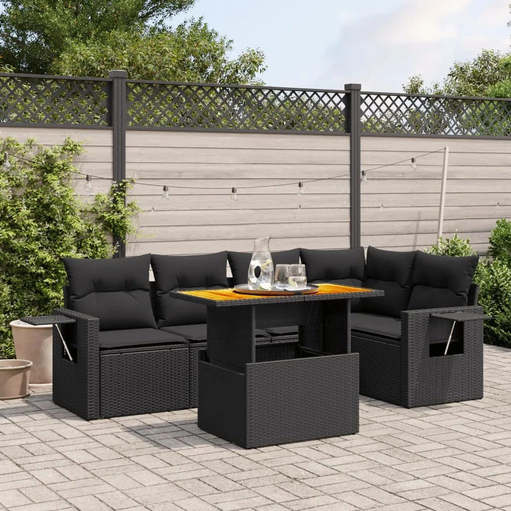 6 pcs conjunto sofás de jardim c/ almofadões vime PE preto