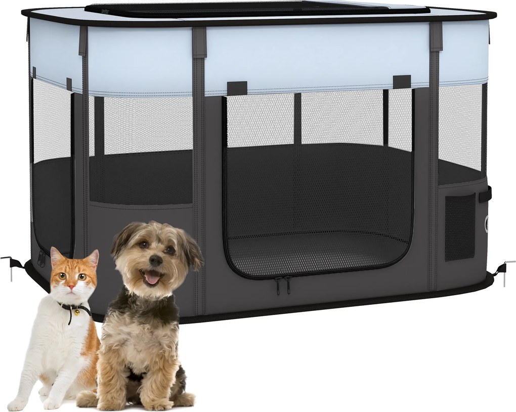 Parque dobrável para cães, gatos e pequenos animais, em tecido Oxford, com espaço de arrumação, 84 x 64 x 53 cm, cinzento e preto