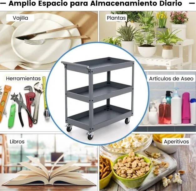 Carrinho utilitário de 3 níveis de alta capacidade metal 77,5 x 38 x 79 cm com 3 prateleiras e pega ergonómica Rodas para escritório Garagem Cinza