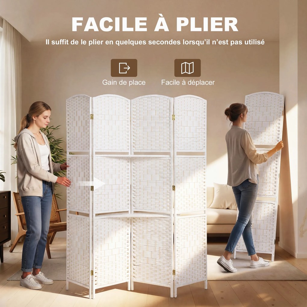 Biombo divisório de 4 painéis, 160 x 170 cm, com 2 prateleiras, dobrável, em madeira branco