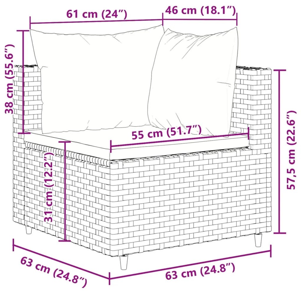 11 pcs conjunto sofás de jardim c/ almofadões vime PE cinzento