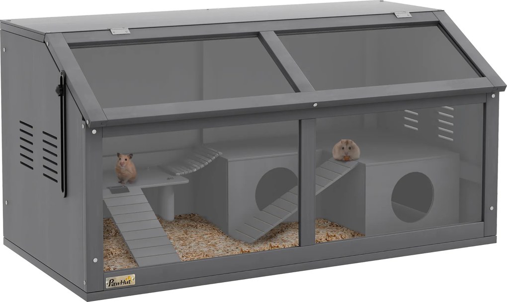 PawHut Gaiola para hamster, gaiola para pequenos animais de madeira, ponte suspensa, escadas, casinha, 84 x 45 x 44 cm, para hamsters-anões, Cinza | Aosom Portugal