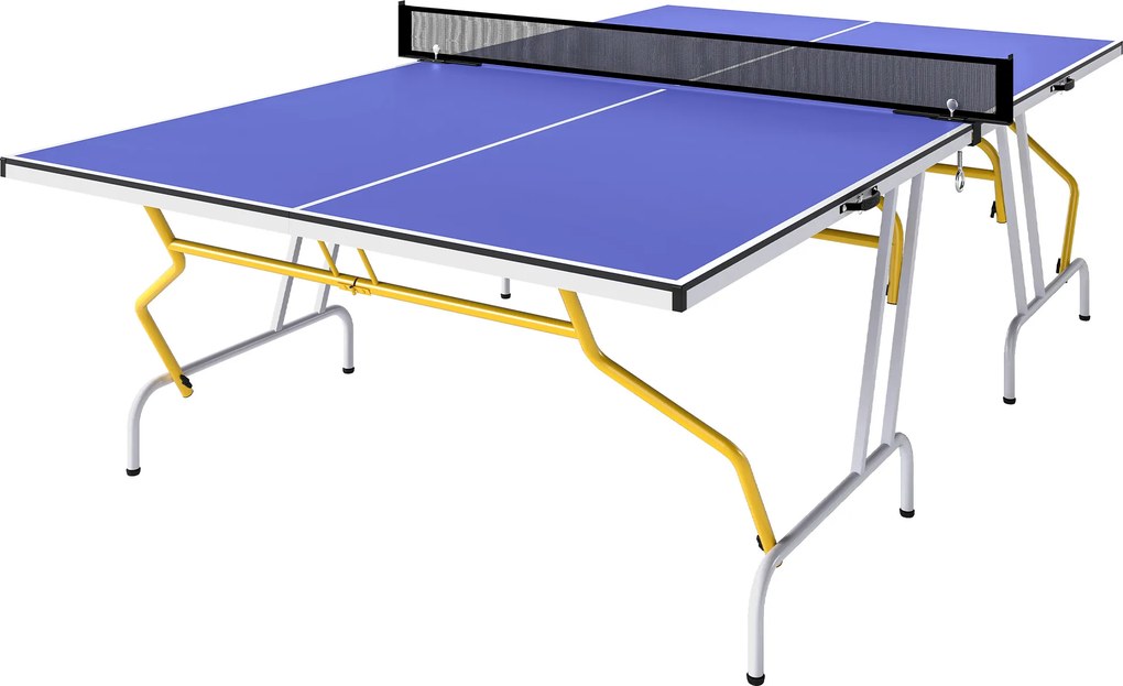 SPORTNOW Mesa de Ping-Pong Dobrável com Rede Apoio para os Pés Ajustáveis e Estrutura de Aço para Interior e Exterior 274x152,5x76 cm Azul | Aosom Portugal