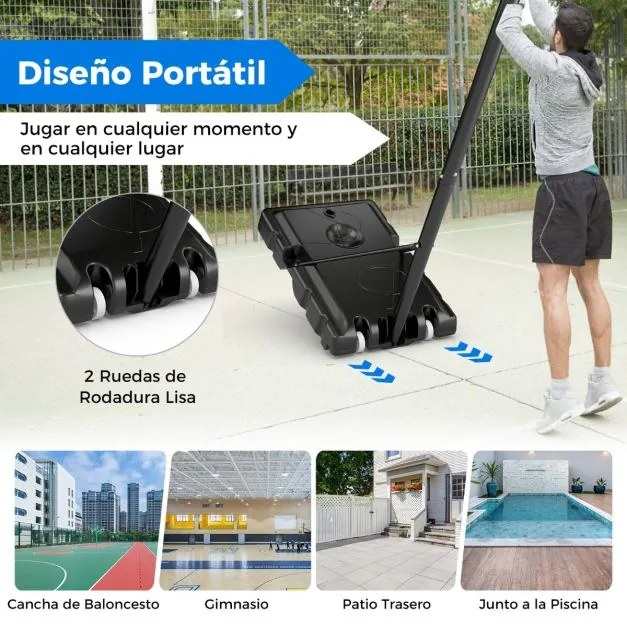 Cesto de basquetebol ajustável 1,49-3,05 m Sistema de cesto portátil para todas as condições climatéricas com tabela 2 rodas Base recarregável