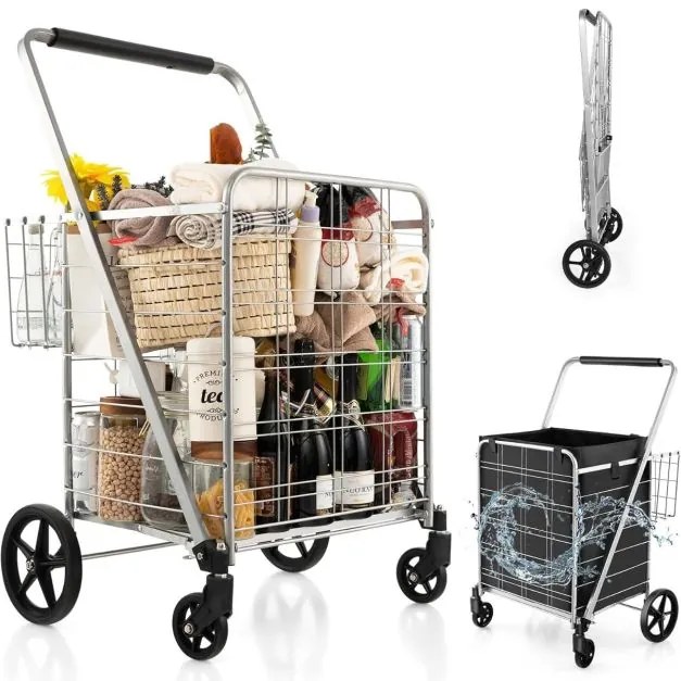 Carrinho de compras dobrável 126L grande e portátil com rodas universais e 2 cestos, bolsa impermeável removível, carga 150 kg Prateado