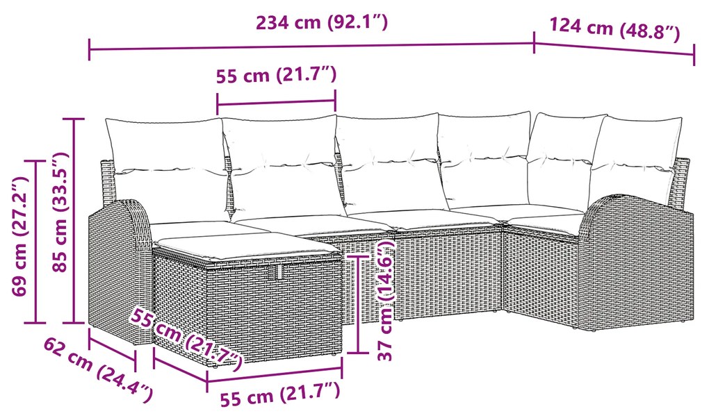 Conjunto de Sofá de Jardim com 6 Peças e Almofadas Beiges em Rattan Si