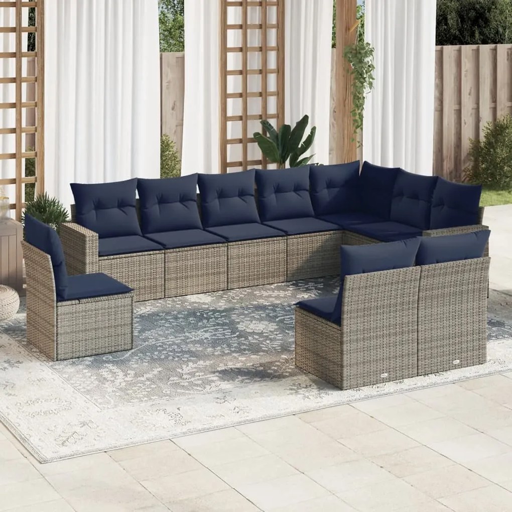vidaXL 10 pcs conjunto sofás p/ jardim c/ almofadões vime PE cinzento