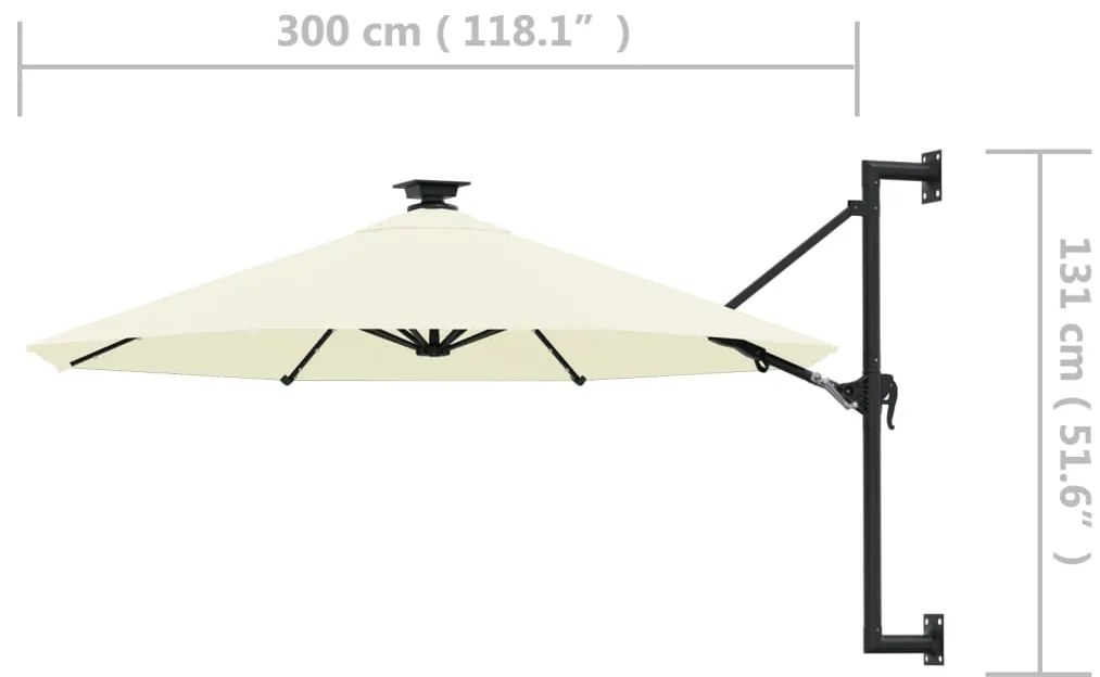 Guarda-sol para jardim de parede c/ luzes LED 300 cm areia