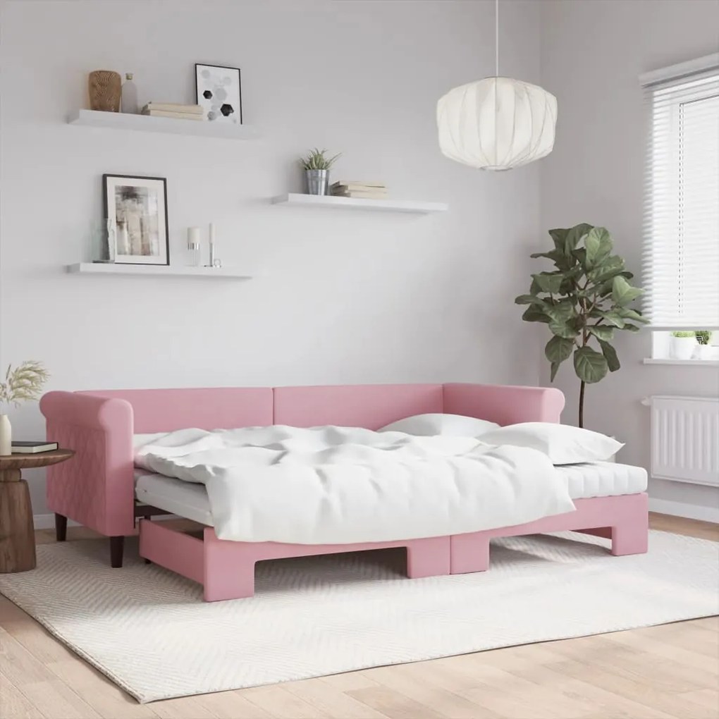 vidaXL Sofá-cama com gavetão e colchões 80x200 cm veludo rosa
