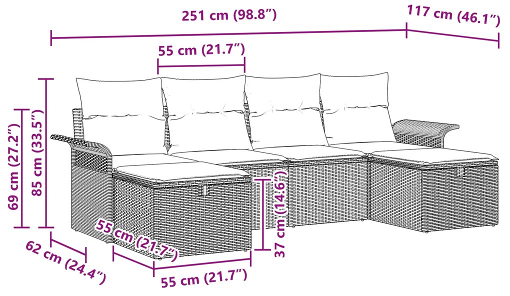 Conjunto de Sofás de Jardim 6 Peças com Almofadas Preto Rattan Poliést