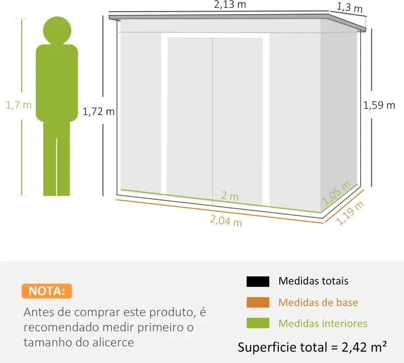 Abrigo de Jardim 213x130x173 Abrigo de Exterior de Aço Galvanizado com Porta Corredeira para Armazenamento Cinza Escuro