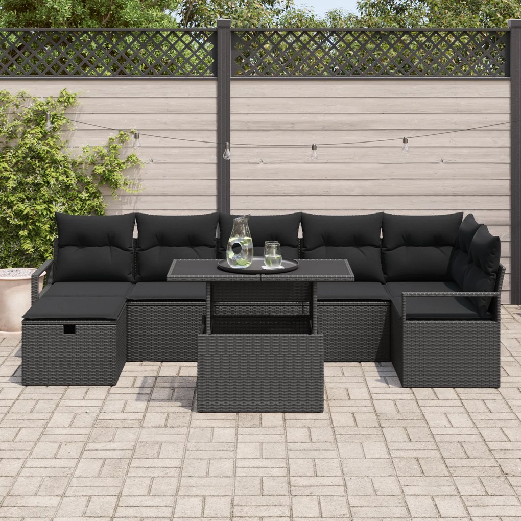 Conjunto de Sofá de Jardim 8 Peças com Almofadas Preto Vime PE, Sofá d