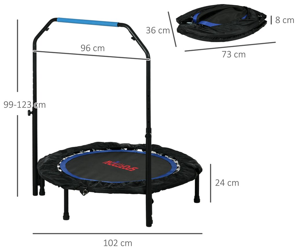 Trampolim Fitness Ø102 Trampolim Dobrável com Pega Ajustável em 4 Níveis Estrutura de Aço Azul