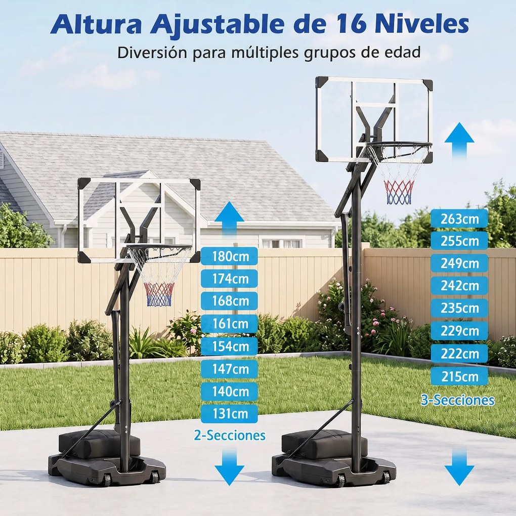 Cesto de Basquetebol Portátil, 88 x 53 x 258-303 cm, Altura Regulável em 8 Níveis, Preto