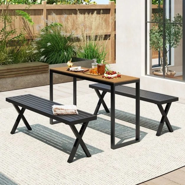 Mesa de jardim retangular com tampo em WPC durável e estrutura metálica resistente 129 x 42 x 75 cm Castanho e preto