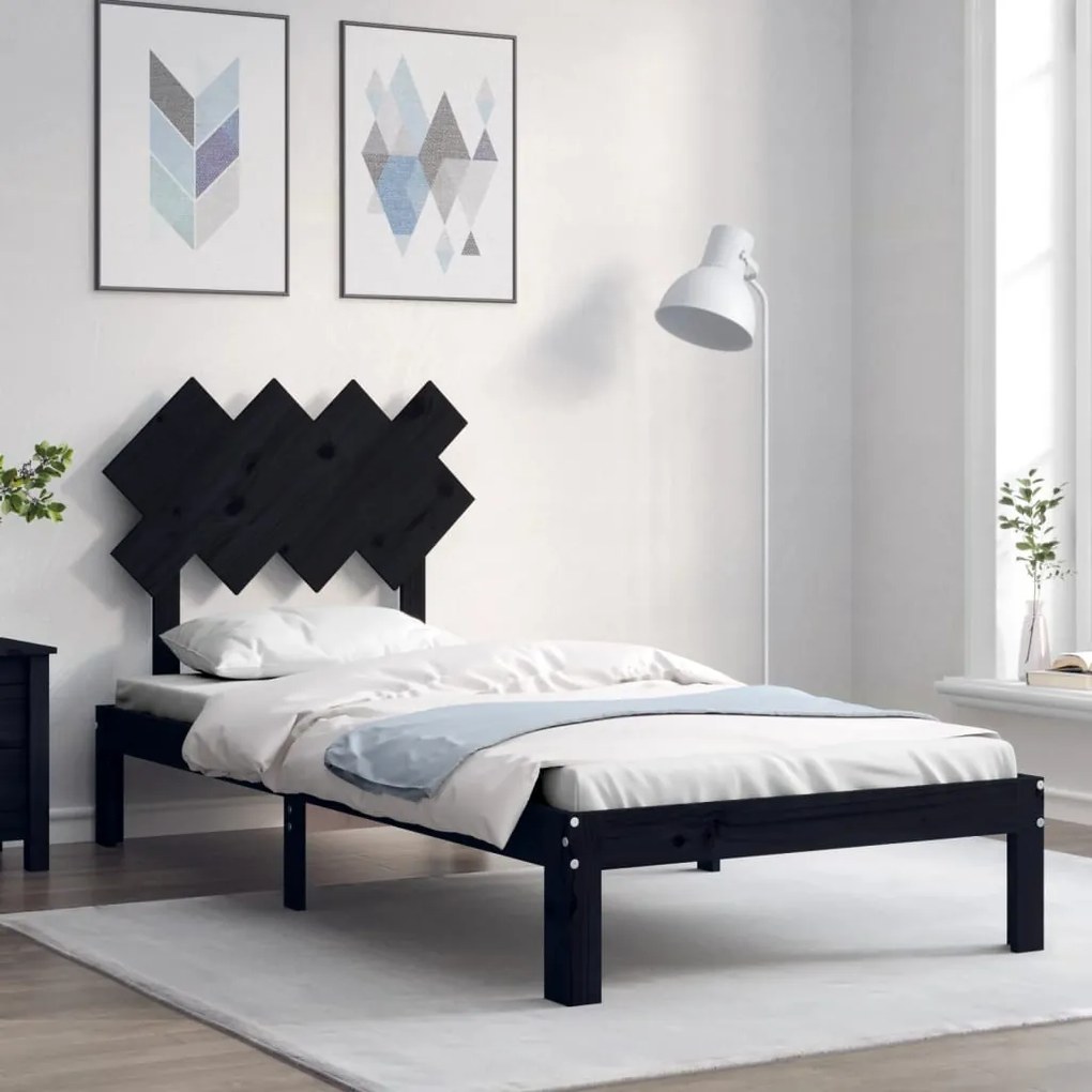 vidaXL Estrutura de cama com cabeceira 90x200 cm madeira maciça preto