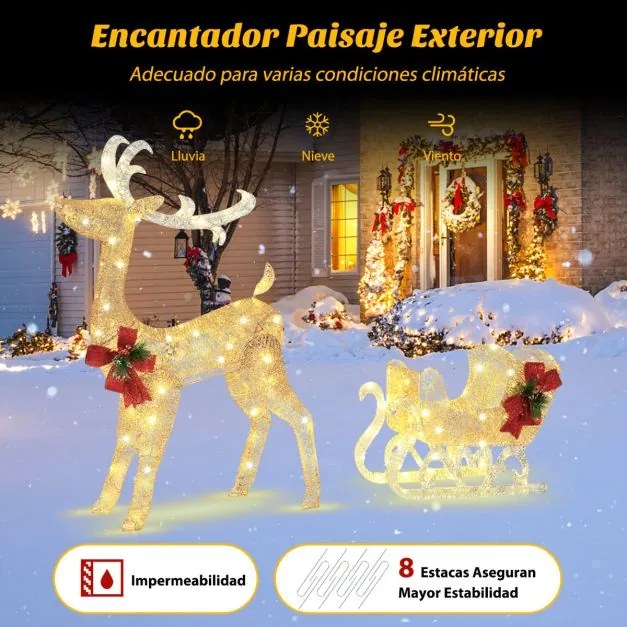 Renas e trenó iluminados Decoração de Natal para exterior com 100 luzes brancas quentes para jardim dourado