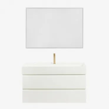 Conjunto De Móvel De Casa De Banho Suspenso Em Madeira E Folha De Freixo Com Lavatório Integrado Ona Branco & Led Retangular - Sklum