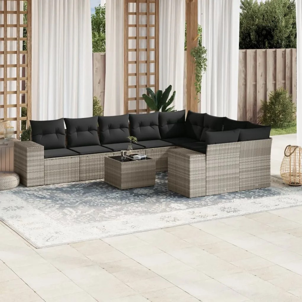 vidaXL 10 pcs conj. sofás jardim com almofadões vime PE cinzento-claro