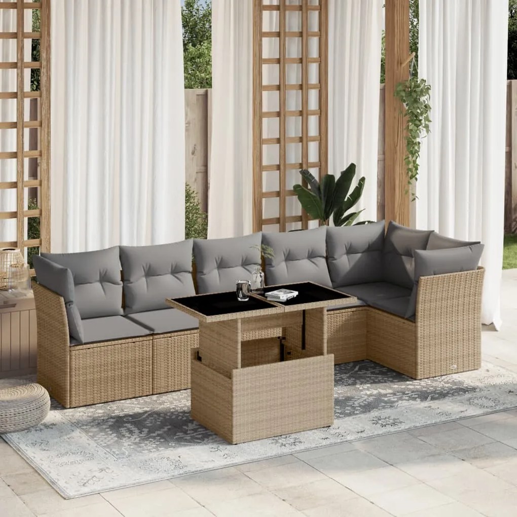 vidaXL 7 pcs conjunto de sofás p/ jardim com almofadões vime PE bege