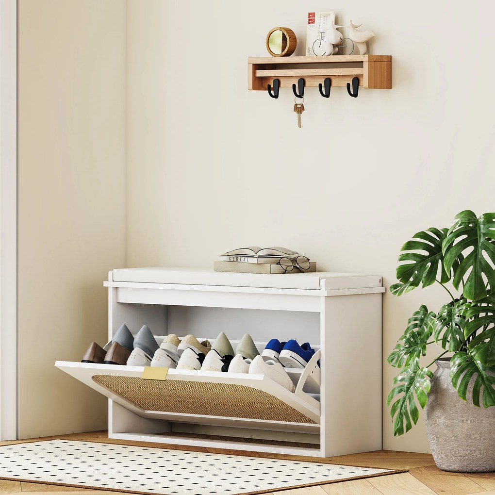 Sapateira 80 x 26 x 47,5 cm Banco para sapatos, assento almofadado, gaveta rebatível, porta em rattan, branco