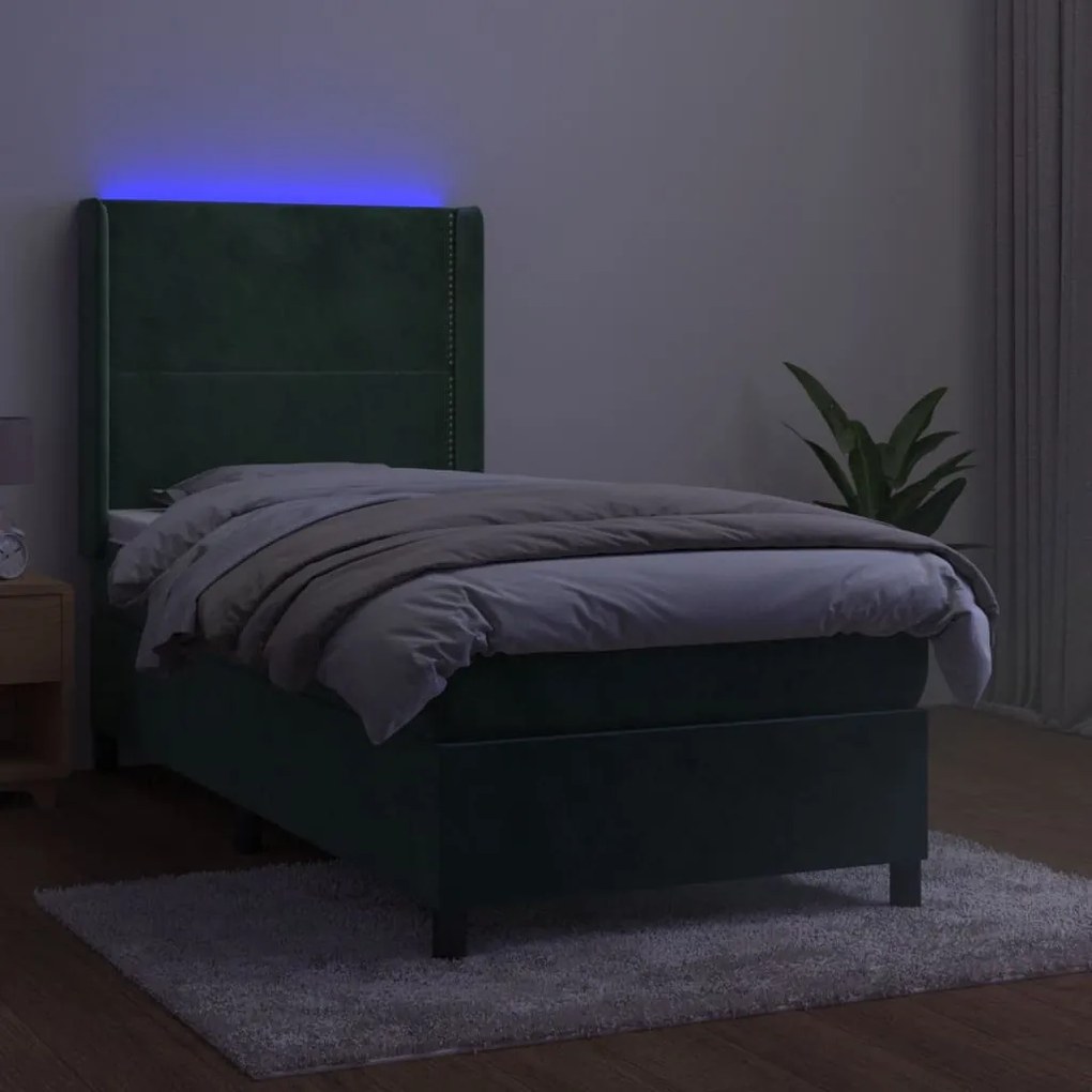 Cama box spring c/ colchão/LED 100x200 cm veludo verde-escuro