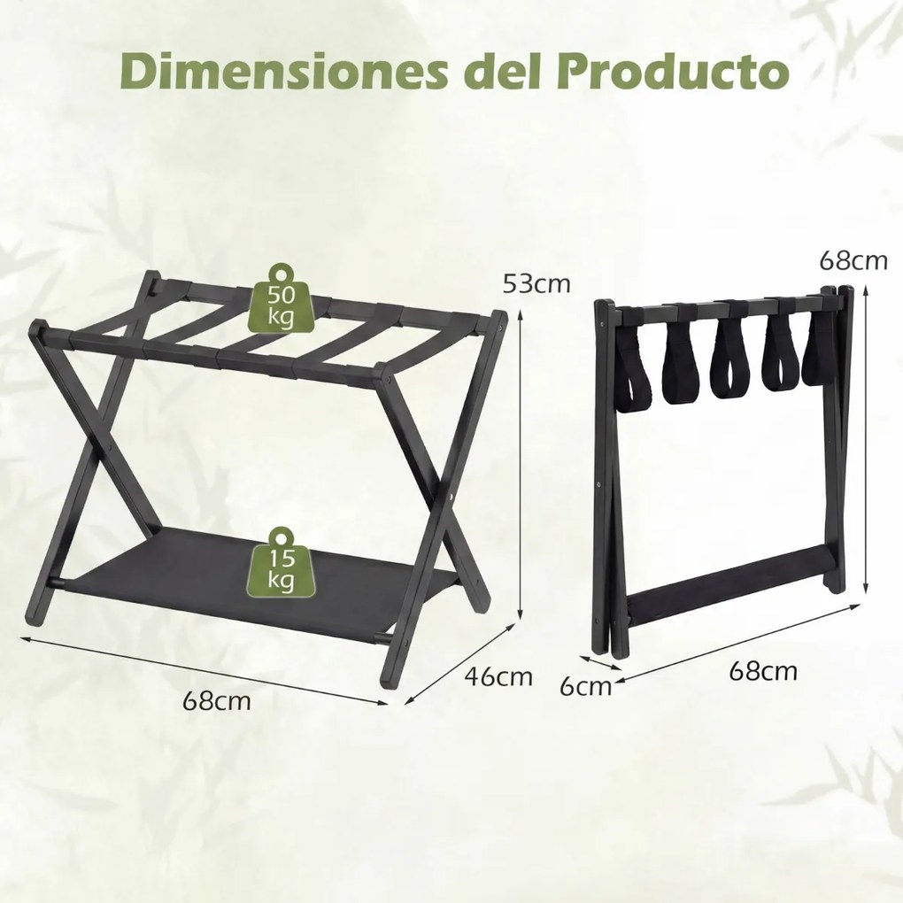 Conjunto 2 Suportes dobráveis para malas em bambu 68 x 46 x 53 cm, com correias de nylon, prateleiras de arrumação para o quarto de hóspedes ou quarto