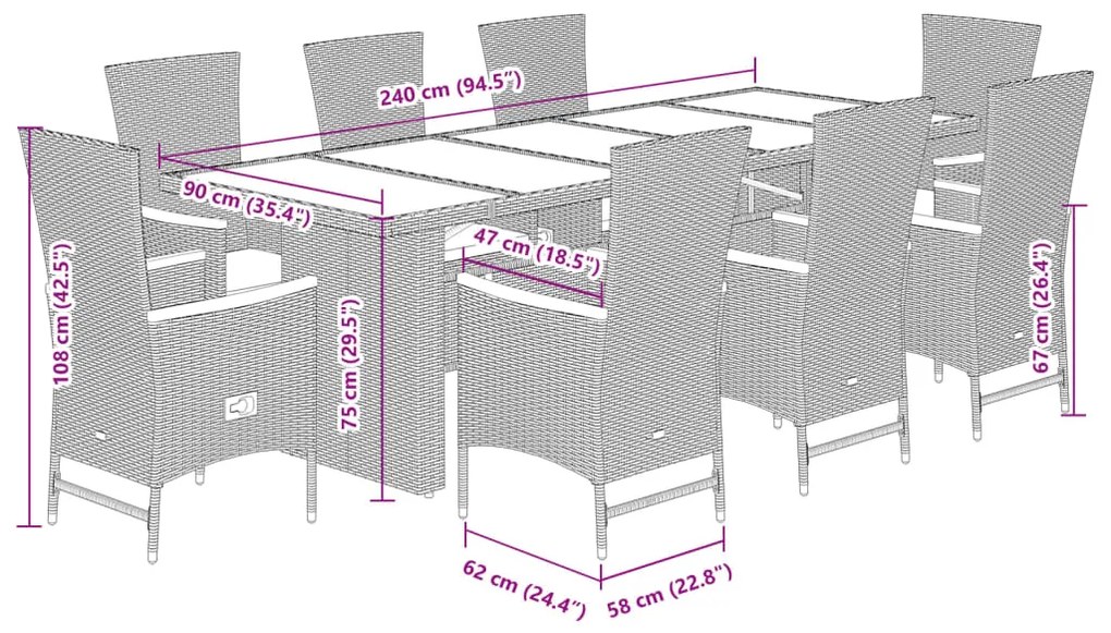 9 pcs conjunto de jantar p/ jardim c/ almofadões vime PE preto