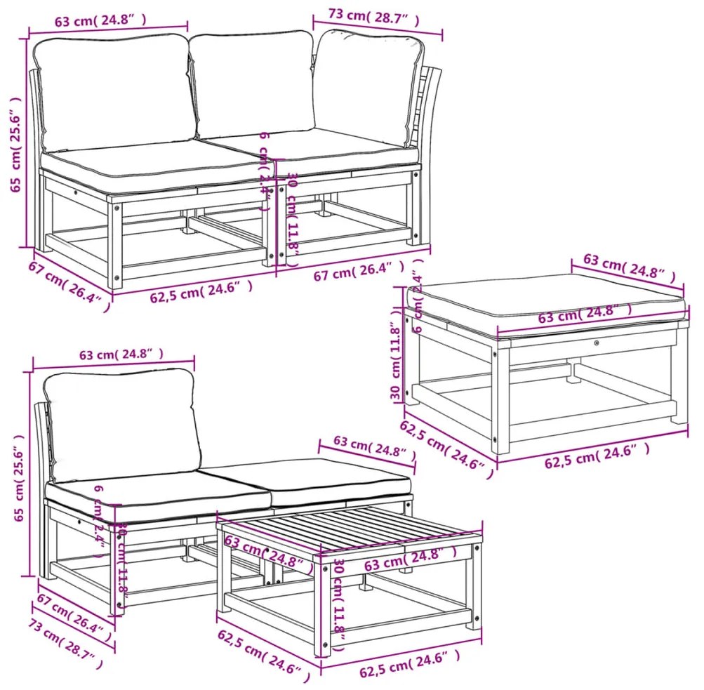 6 pcs conjunto lounge jardim c/almofadões madeira maciça acácia