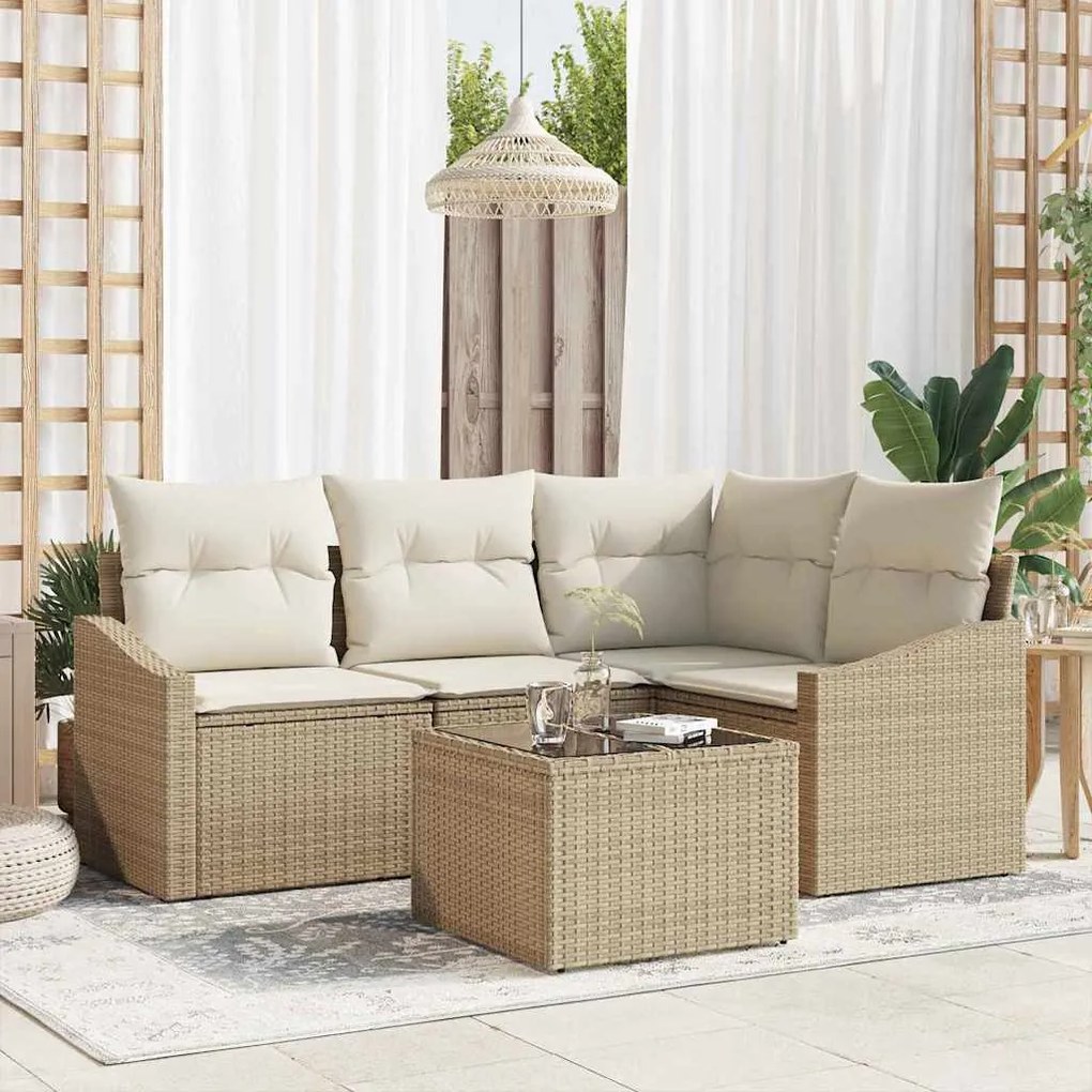 Conjunto de Sofá de Jardim 5 Peças com Almofadas Marrom em Rattan Poly