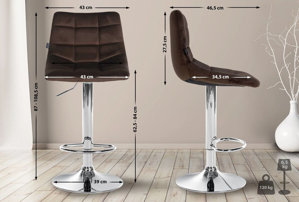 Banco de bar Jerry em veludo com estrutura cromada 87-108,5 x 43 x 46,5 cm Castanho