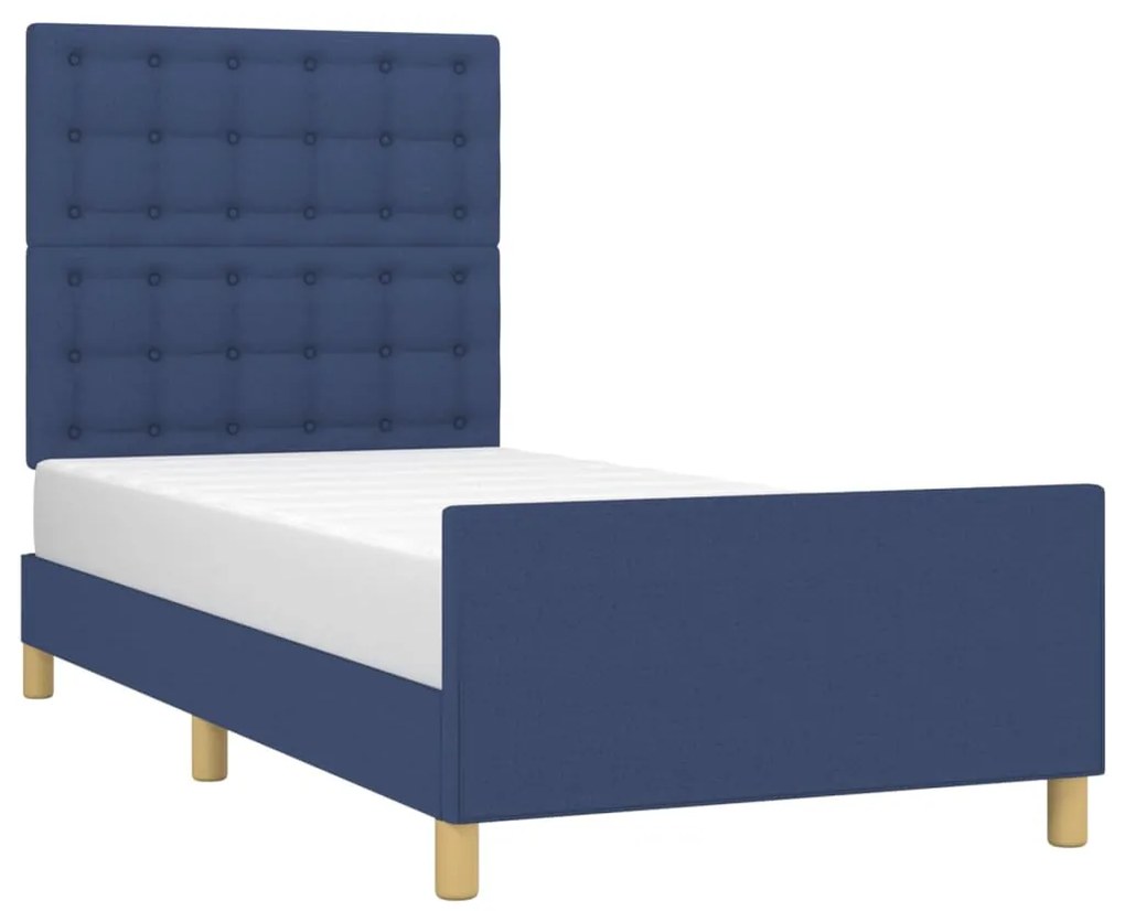 Estrutura de cama c/ cabeceira tecido azul 90x190 cm