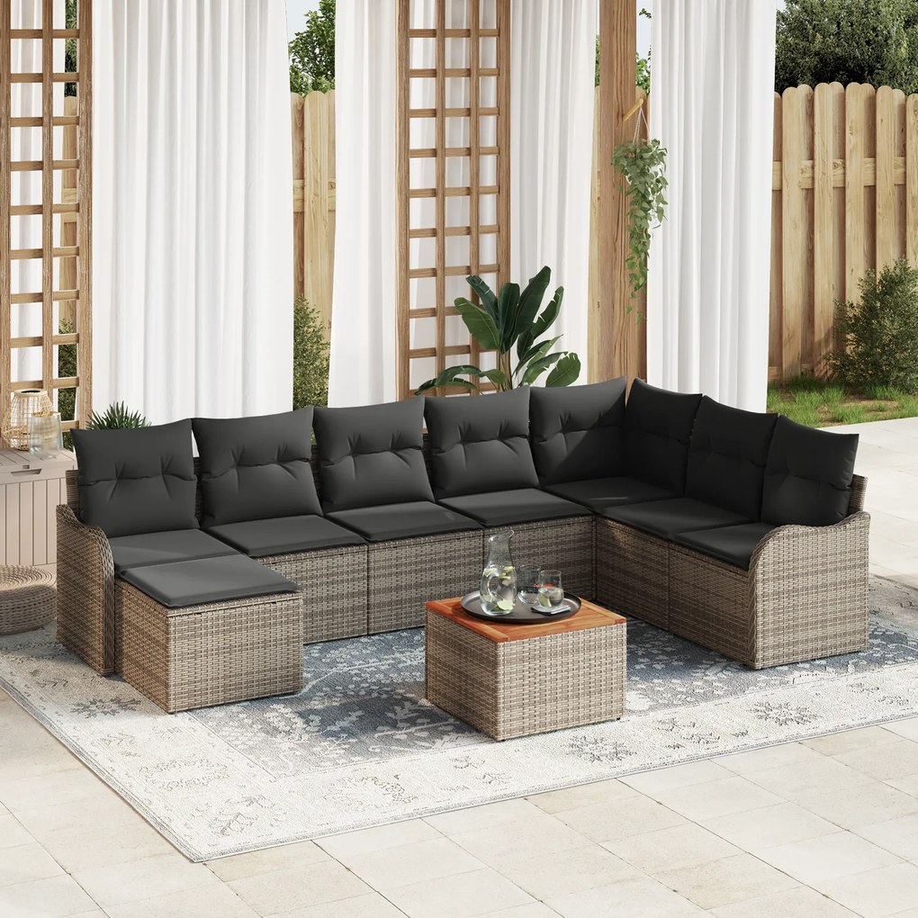 Conjunto de Sofás para Jardim vidaXL 9 Peças com Almofadas Cinza Rattan Poliéster Acácia