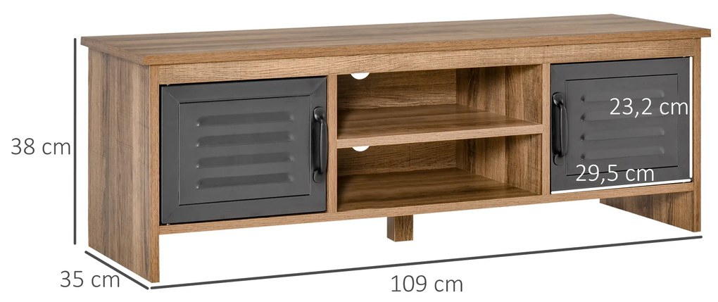 Armário de TV para televisores de 42 "com 2 compartimentos fechados com portas de metal e 2 estantes 109x35x38 cm Madeira natural e cinza