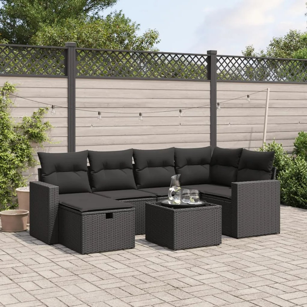 vidaXL 7 pcs conjunto de sofás p/ jardim c/ almofadões vime PE preto