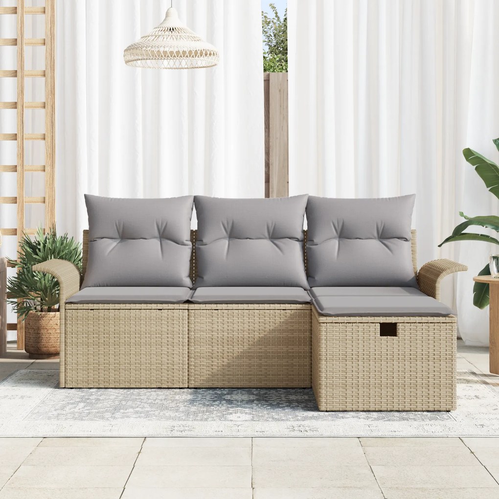 Conjunto de Sofá de Jardim em 4 Peças com Almofadas Bege em Rattan Pol