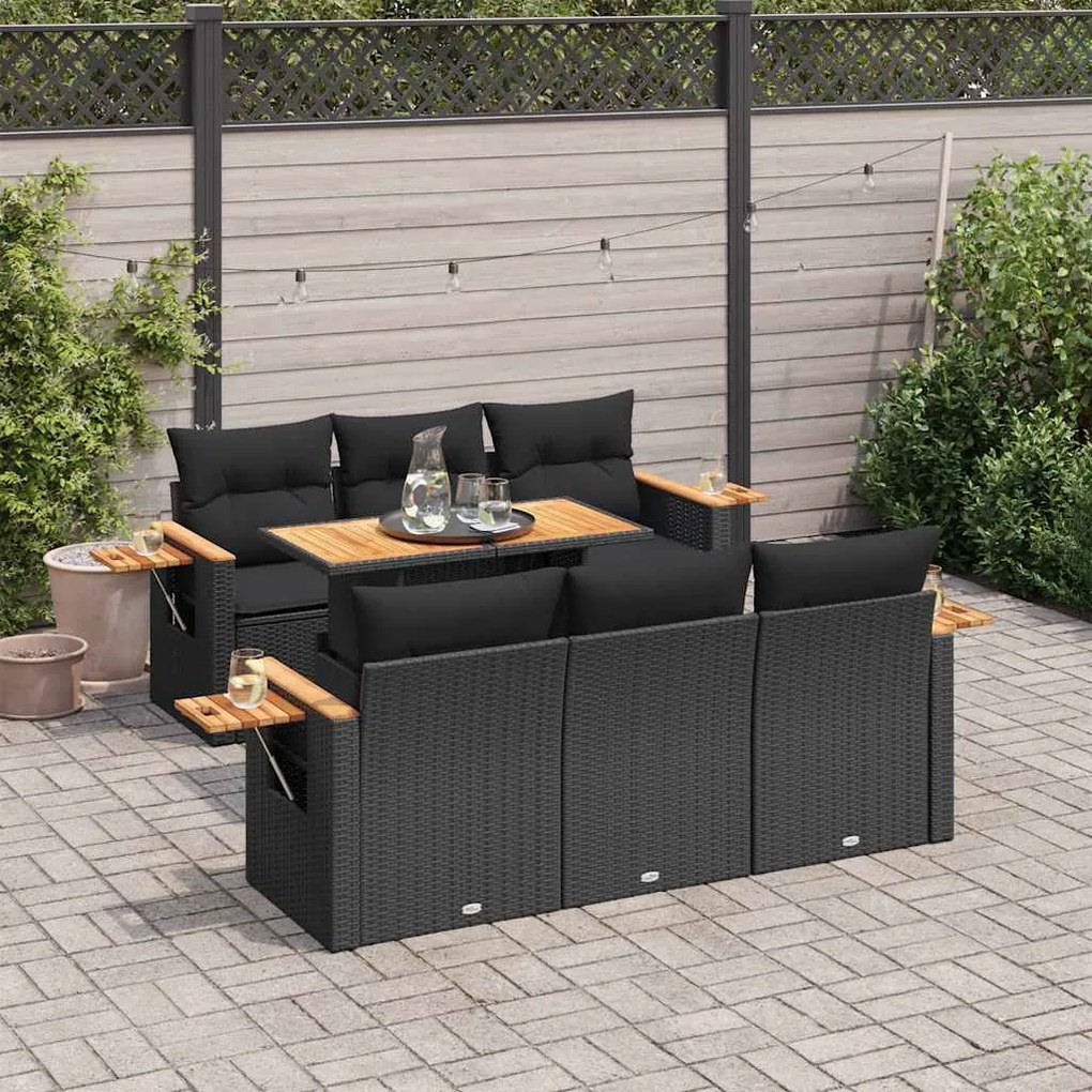 vidaXL 7 pcs conjunto sofás jardim c/ almofadões vime PE/acácia preto