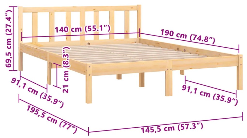 Estrutura de Cama Jane em Madeira de Pinho - 140x190 cm - Cor Natural