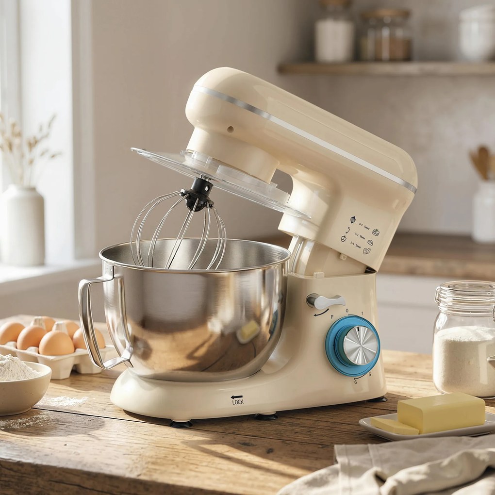 Batedeira Planetária 4,5L 1300W 6 Velocidades Taça de Aço Inoxidável Batedor Gancho Varas Bege