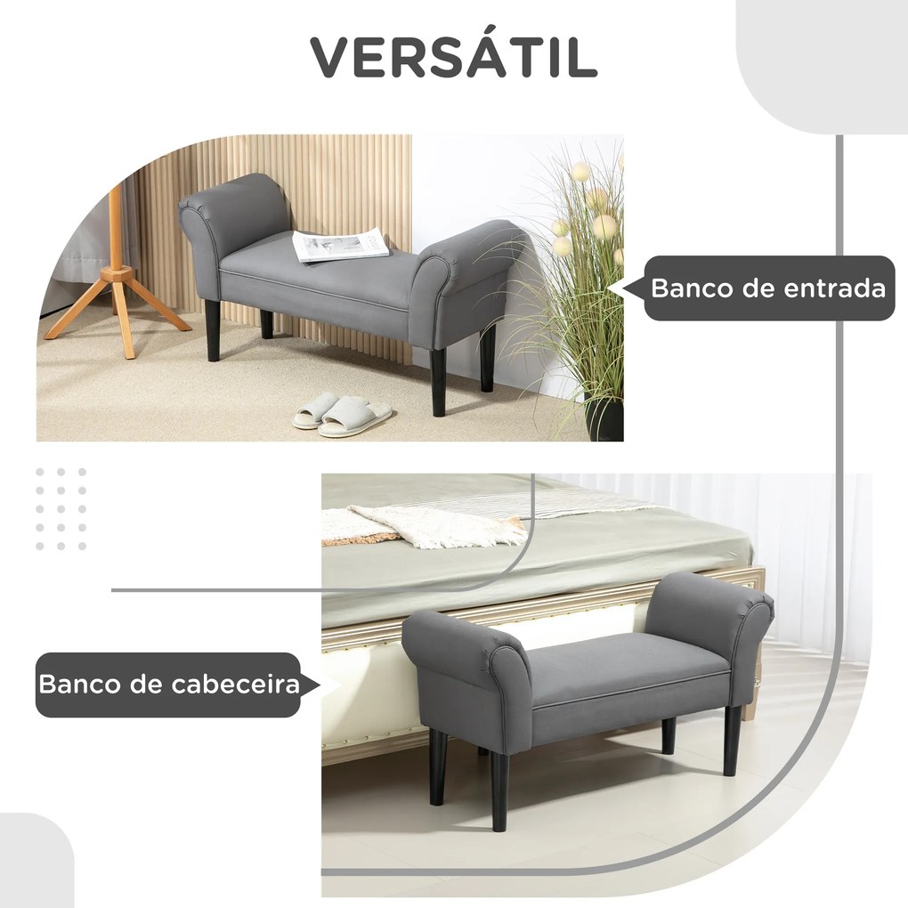 Banco de Pé de Cama Estofado em Linho Sintético com Pés de Madeira Braços e Assento Acolchoado Cinzento Escuro