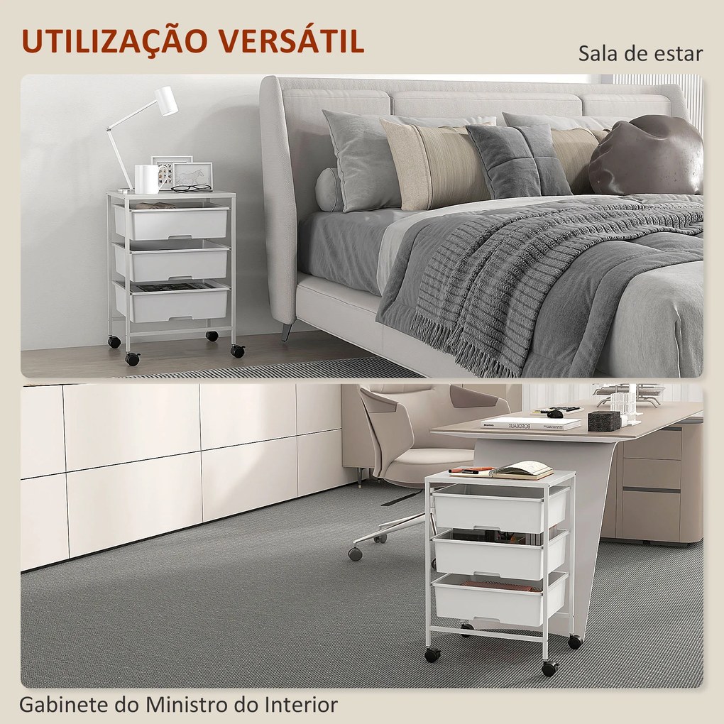 Carrinho Auxiliar com Rodas Carrinho de Cozinha de 3 Níveis com 3 Cestos e Estrutura de Aço 40,8x33,5x60,5 cm Branco