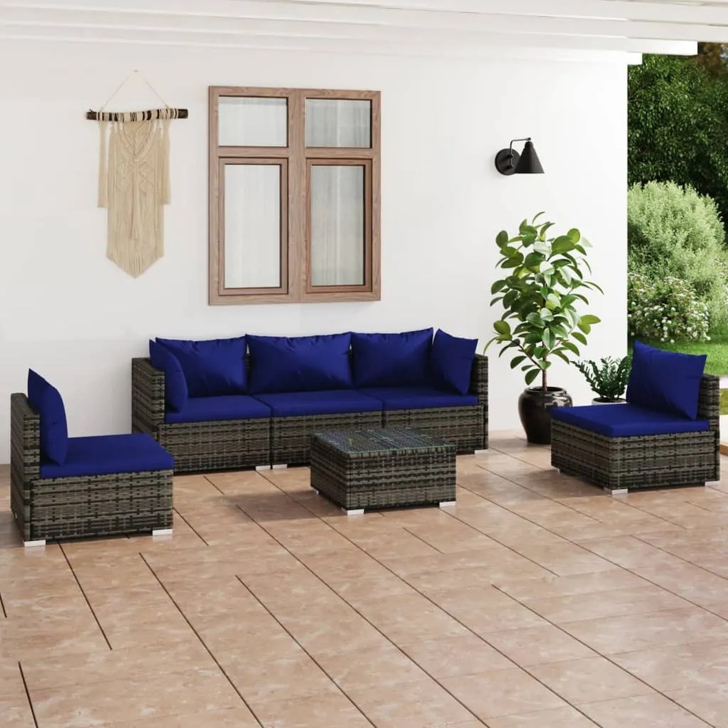 vidaXL 6 pcs conjunto lounge de jardim c/ almofadões vime PE cinzento