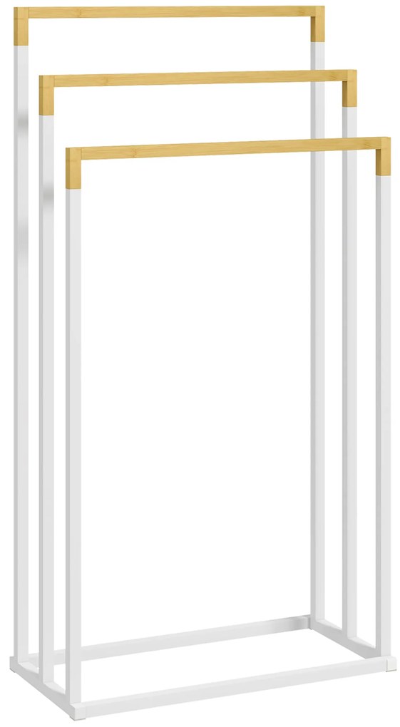 kleankin Toalheiro de Pé de 3 Níveis em Forma de Escada com 3 Barras de Bambu e Estrutura de Aço 45x22,5x86 cm Branco e Madeira