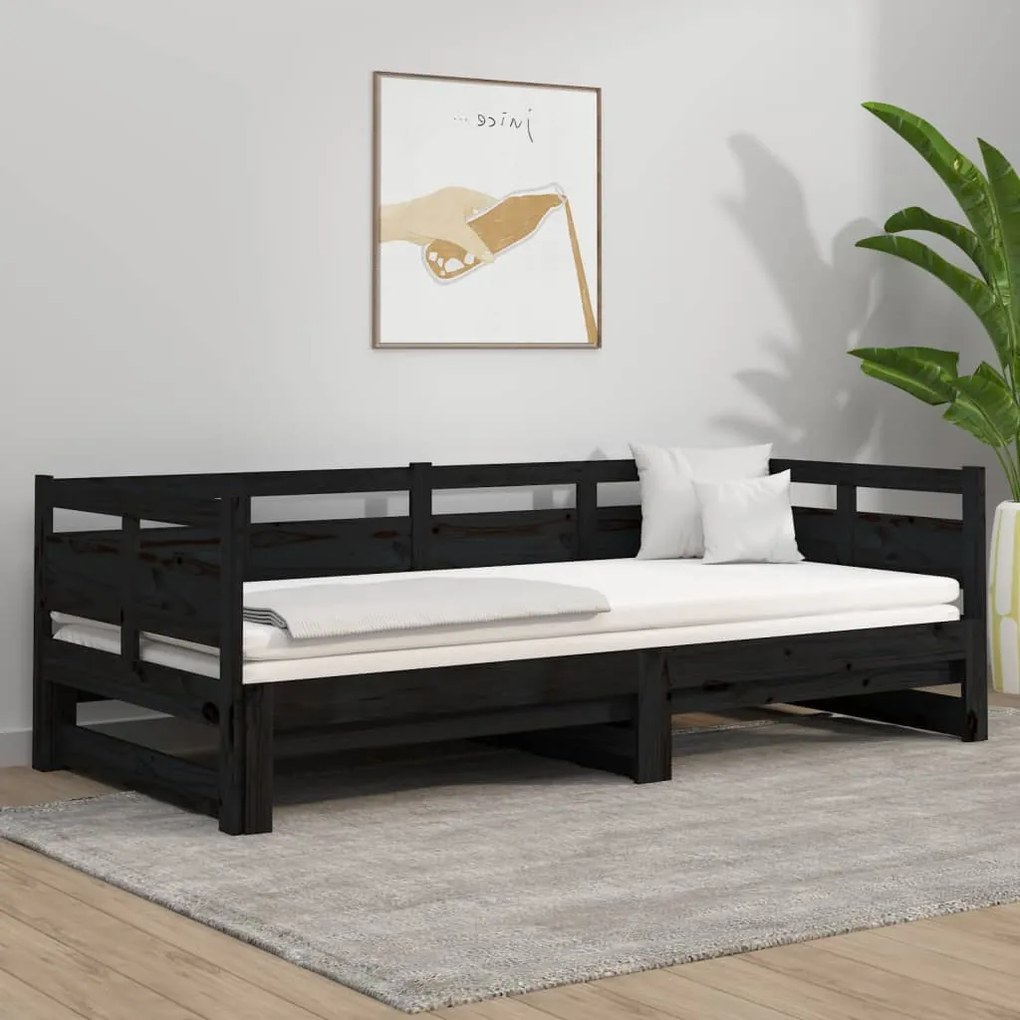 Sofá-cama de puxar pinho maciço preto 2x(80x200) cm