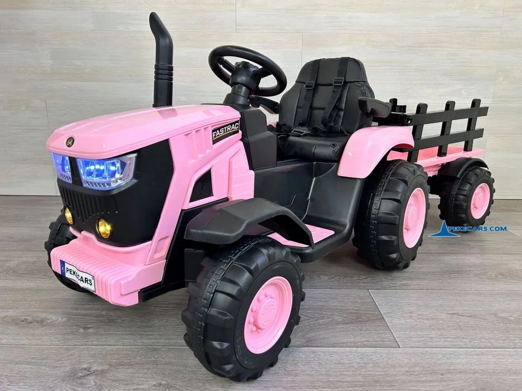 Trator Eléctrico para Crianças 4200 12V 2.4G, com Reboque Rodas de borracha anti-furos e Assento em pele sintética Rosa