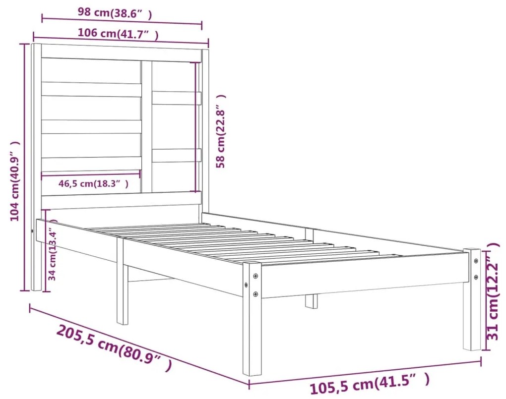 Estrutura de cama 100x200 cm madeira maciço